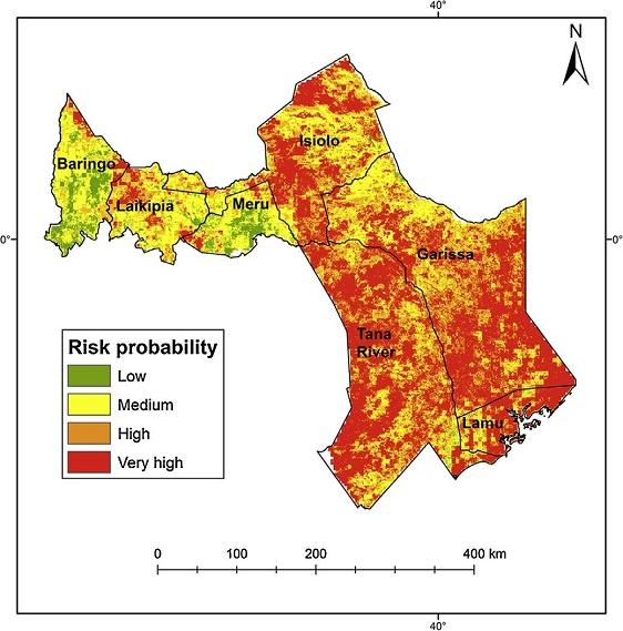Researchers have developed Rift Valley fever risk zone maps. This map shows risk distribution in districts of central and southern Kenya (Map by Mosomtai). Credit: Umeå University