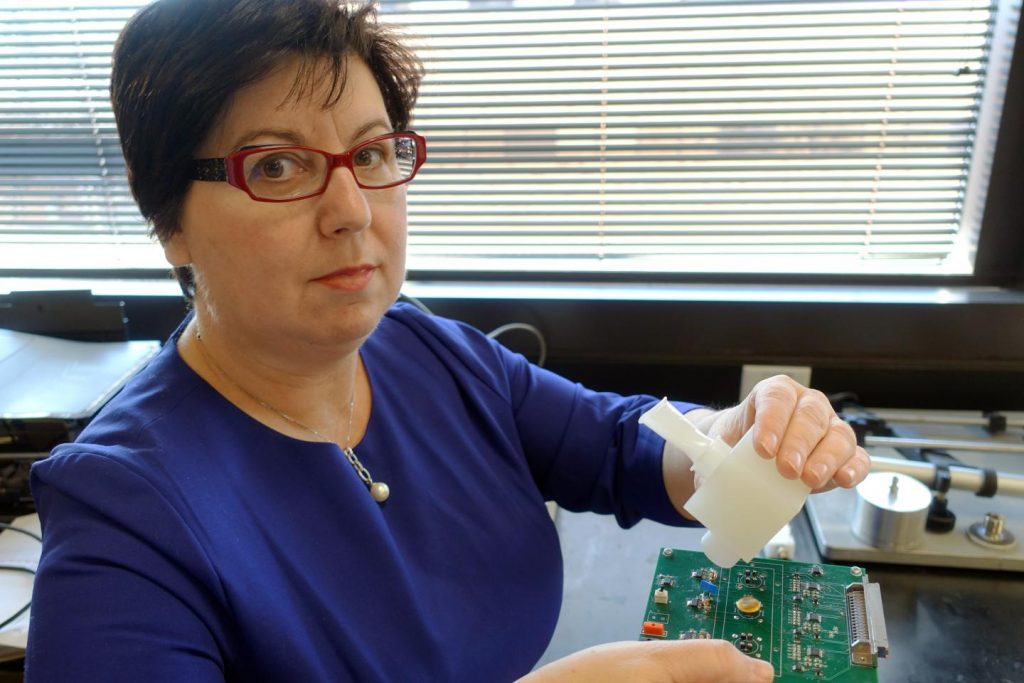 Perena Gouma, a professor in the UTA Materials Science and Engineering Department, has published an article in an academic journal that describes her invention of a hand-held breath monitor that can detect the flu virus. Image/UT Arlington