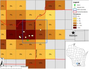 Locations of sampled mineral licks and prevalence of chronic wasting disease (CWD) in hunter-harvested white-tailed deer from 2010-2013 in south-central Wisconsin, USA. Squares are townships of 9.66 km per side. Inset shows state of Wisconsin, USA. Site 6 denotes the mineral lick with CWD-positive fecal samples. Image/PLOS ONE