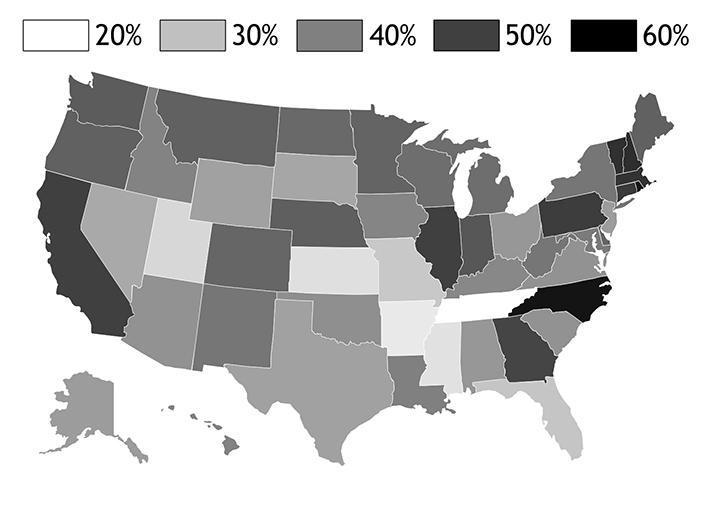 This map shows full-series HPV coverage among adolescents varies substantially across states. Image/David Durham