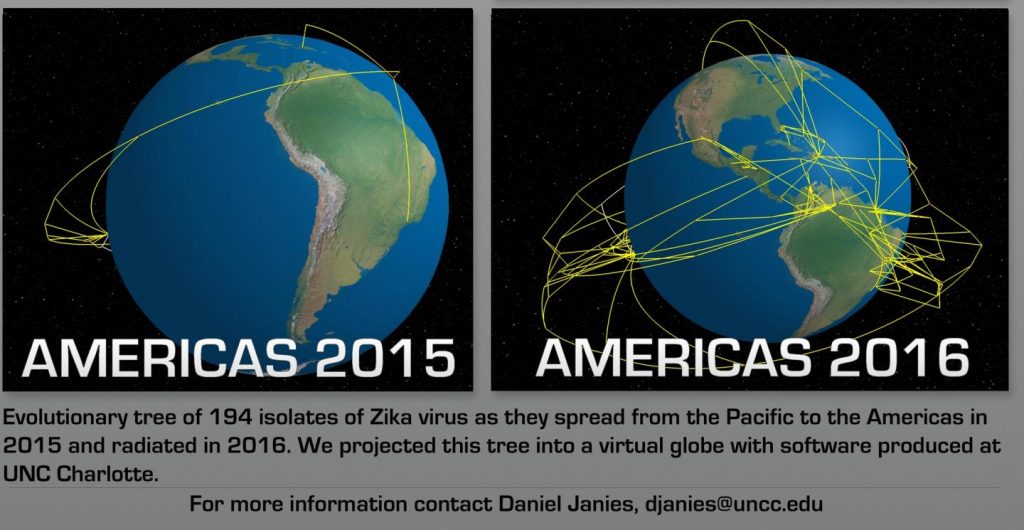 Maps showing travel and evolution of Zika virus in transit to South America, and after South American spread. Image/Daniel Janies