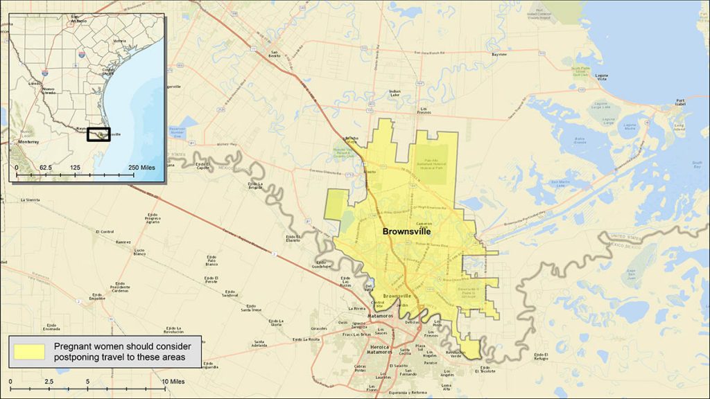 Brownsville, TX. Yellow shows areas where pregnant women should consider postponing travel/CDC