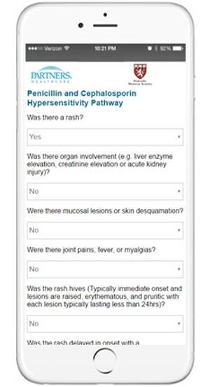 The treatment guideline/decision support tool used to determine whether patients with penicillin allergy in their medical record could safely receive penicillin-related antibiotics was accessible via this secure smartphone app or hospital desktop computers. Image/Brett Macaulay, Division of Infectious Diseases, Massachusetts General Hospital
