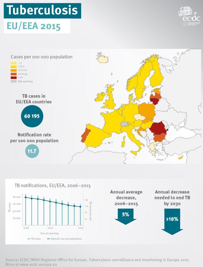 Similar to the trend in the whole WHO European Region, the number of new TB cases in the European Union and European Economic Area (EU/EEA) has been constantly going down since 2002. However, with an annual decrease of 5 percent, the EU/EEA will not reach the set target to end TB which would require an annual decrease of at least 10 percent. Image/ECDC