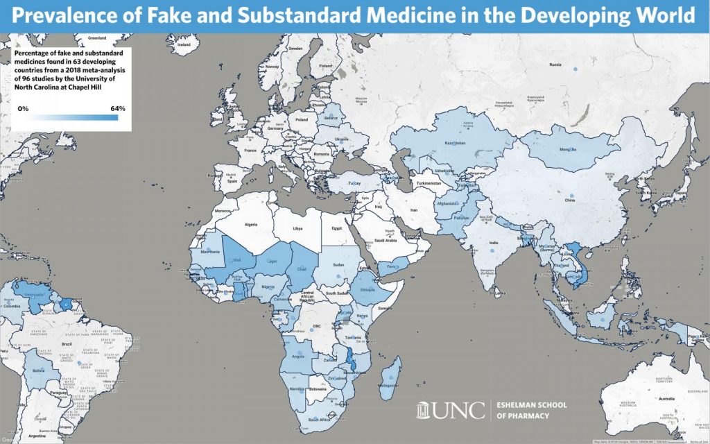 The color-coded map shows the percentage of fake and substandard medicines found in 63 developing countries. Image/UNC Eshelman School of Pharmacy